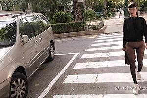 Milf in seamless pantyhose flashes outdoors without skirt