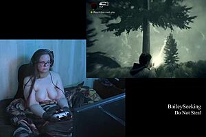 Big natural tits bounce while playing through Alan Wake