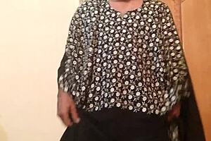 old ladyboy cuckold wears wife's silk gown for monster cock orgasm