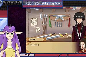 Hentai game with big tits and a royal handjob