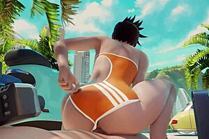 tracer rides a cock on the beach, feeling every inch