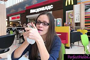 Hot Brunette Teen Gives Public Blowjob to Stranger at Resort, Swallows Cum Close Up.