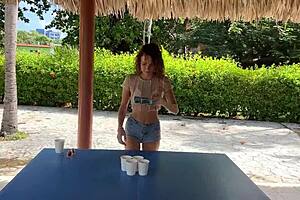 Strip game beer pong with big tits babe!