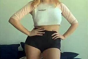 bouncing blonde titties during a sexy workout in shorts