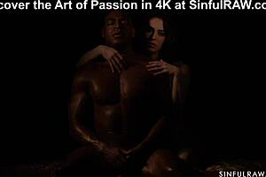 anna de ville and aaron rock share an interracial moment in stockings and lingerie, close up and sensual.