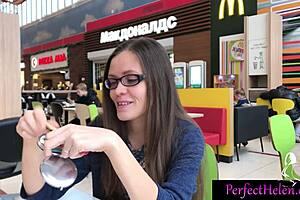 Hot Brunette Teen Gives Public Blowjob to Stranger at Resort, Swallows Cum Close Up.