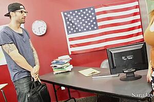 Curvy cougar Sara Jay teaches student Alex Legend to cum with big cock instruction.