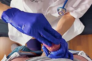 A dominant nurse helps a patient with a tough ejaculation
