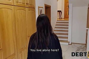 watch this hairless brunette bunny get her shaved pussy fucked in debt4k pov!