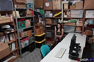 Hey, that skinny brunette teen shoplifts at the office and trades her tight pussy for freedom.