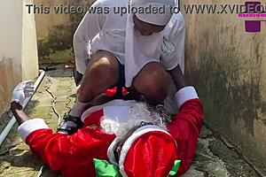 Santa delivers back-to-back Christmas sex in the backyard