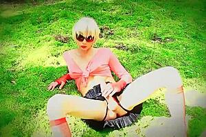 shemale slut teases solo with toys in forest outdoor scene