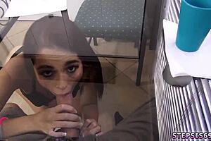 Petite teen strips and sucks stepbro's banana