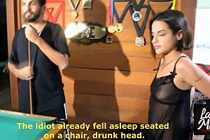 Hot tattooed Latina gets help with deepthroat from friend