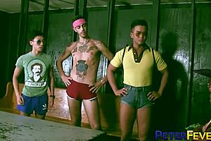 Gay group with Peter Fever, China’s Gold, and FX Rios with rimjobs and blowjobs