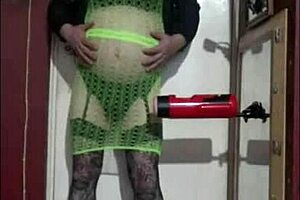 Shy crossdresser enjoys solo masturbation with a machine
