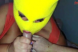 Milf Blows Cock In Mask, Gets Creampie!