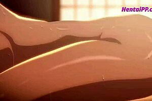 Beautiful anime girl with huge cans riding hard cock in cowgirl position