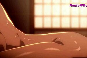 Beautiful anime girl with huge cans riding hard cock in cowgirl position