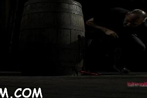 Brunette slave rides huge fake penis in BDSM