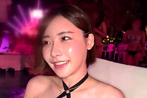 Asian babe rides cowgirl for cumshot in night pool!