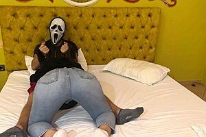 Ghostface Gets Free Blowjob from Brunette in Halloween Costume