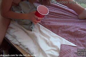 Hot girl squirts hard into a cup during wild casting session.