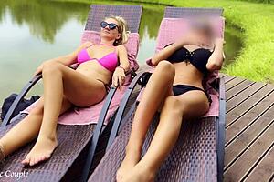 Real amateur girlfriends enjoy mutual outdoor pussy fingering