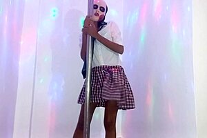 skinny brunette student bribes teacher on halloween for homemade pole dance porn