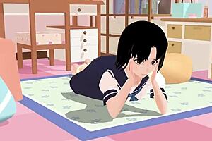 Asian schoolgirl in sailor uniform poses in her room