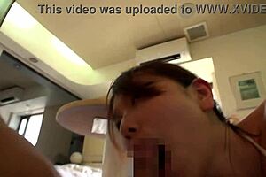 Pretty japanese teen in swimsuit gives blowjob to huge cock