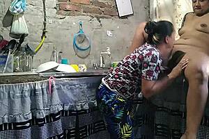 horny latina tricks husband by having lesbian sex with stepsister in kitchen