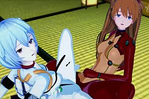 yo, asuka and rei got their tight pussies synced in evangelion