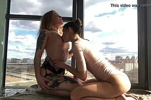girlfriend and friend explore lesbian fun on balcony with horny teens