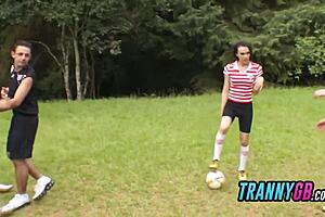 Soccer Trainer's Tight Asshole Gets Pounded Hard by Horny Trannies in Wild Gangbang!