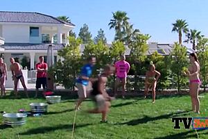 American couples get interviewed before hosing each other down in foreplay.