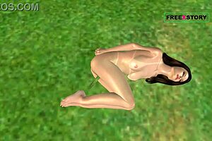 3D cartoon of girl masturbating with cucumber on her pussy