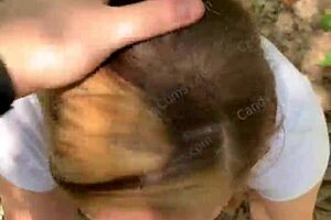 Public deepthroat action on a hiking trail - POV