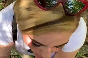 Public deepthroat action on a hiking trail - POV