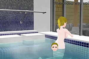 Anime woman’s sensual bath in an Onsen of a Japanese public bathhouse
