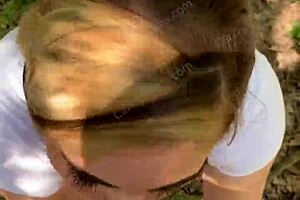 Public deepthroat action on a hiking trail - POV