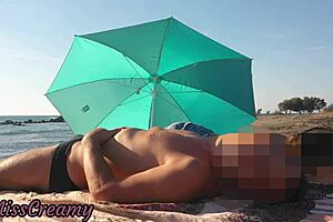Wow, flashing my cock on a public beach, and stepdaughter helps me finish!