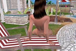 3D animated cartoon of a girl masturbating near the pool