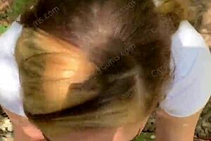 Public deepthroat action on a hiking trail - POV