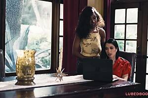 online meeting interrupted by saggy titted lesbian girlfriend 😏