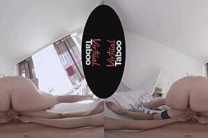 VR porn with a taboo theme with a shaved brunette getting her ass fucked