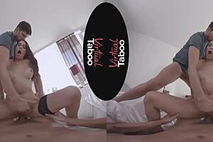 VR porn with a taboo theme with a shaved brunette getting her ass fucked