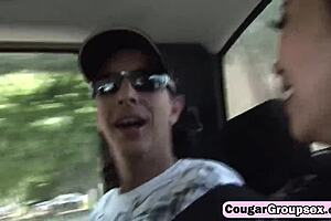 Three cougars please lucky stud's boner on couch with doggystyle and riding