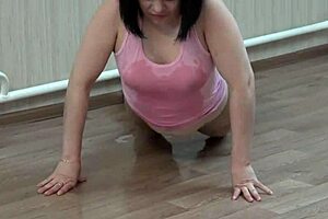 a girl in beige pantyhose masturbates her pussy with homemade passion