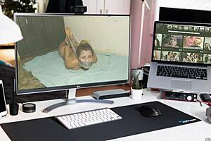 Hysterical slut hogtied naked in the basement, what a sight! 😱